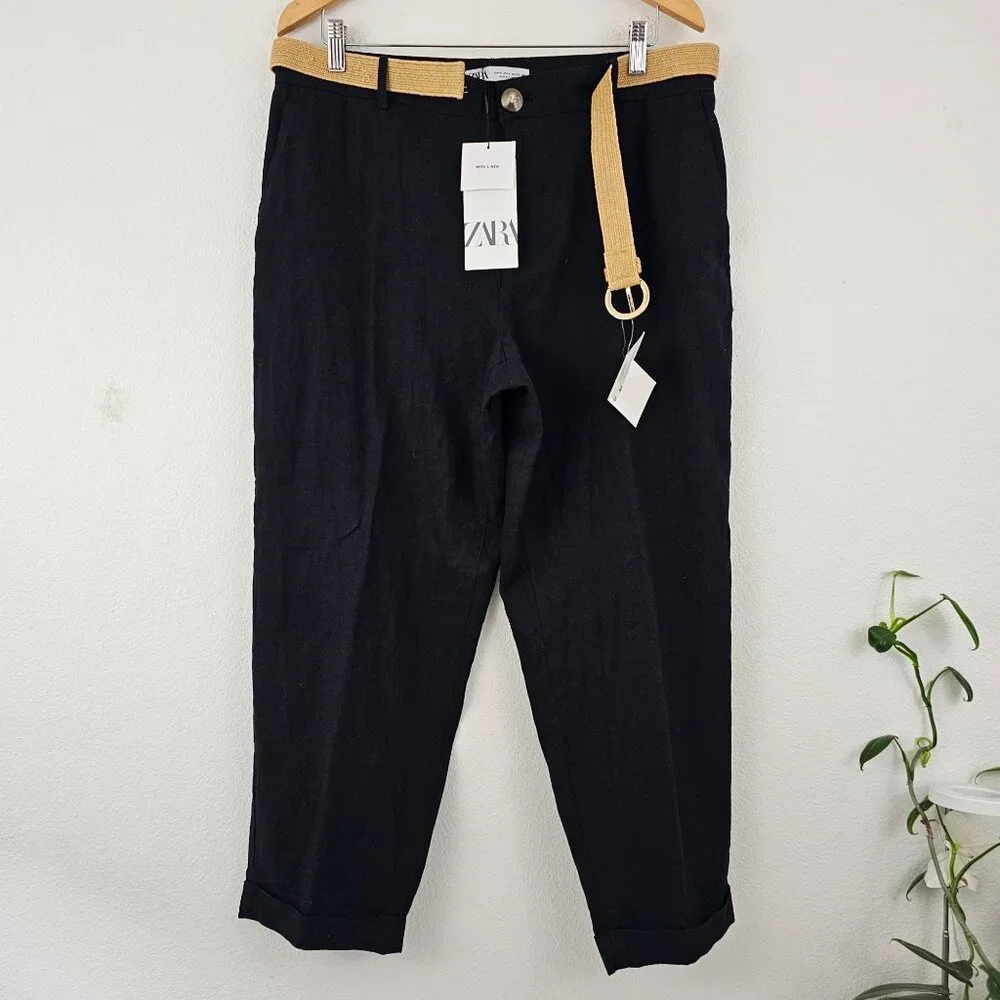 ZARA Womens Sz 10 Linen Blend Straight Leg Pants Office Siren Casual Work NWT